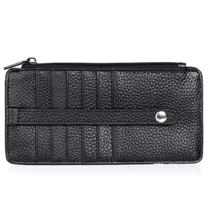 Julia Buxton Black Leather Thin Card Holder Pouch Zip Compartments Slots NWT